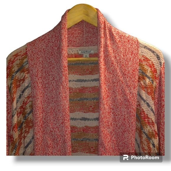 Lucky Brand Size Medium Open Cardigan-Aztec-Geometric-Waterfall-Pink-Nuetral - Picture 3 of 8